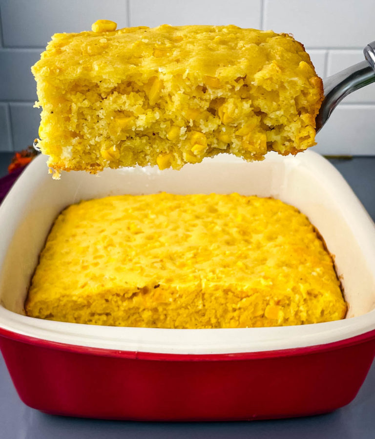 cornbread casserole in a red baking dish