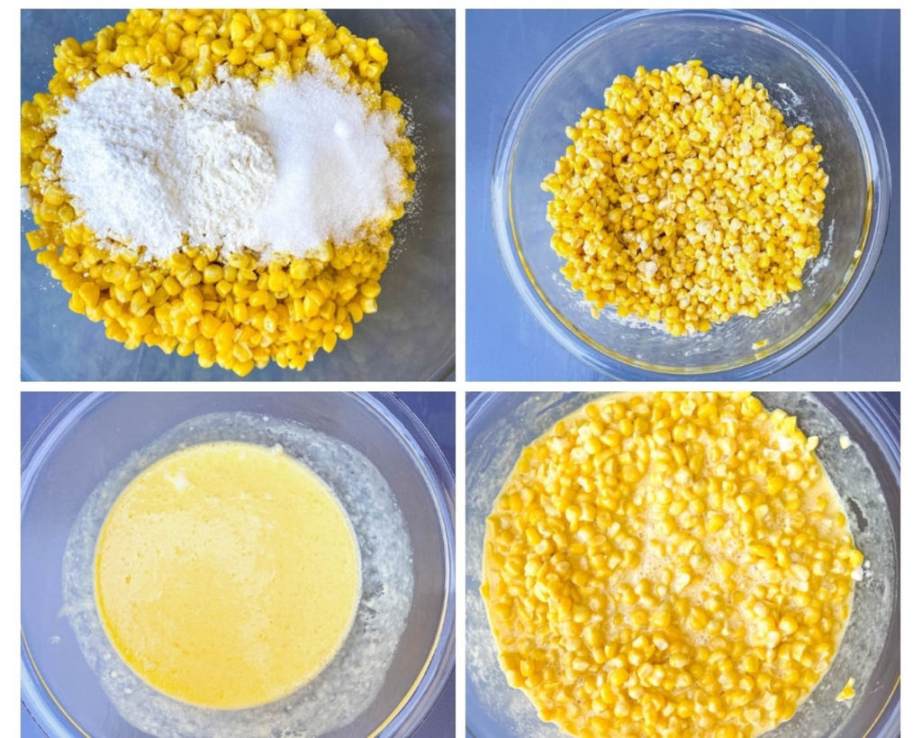 a collage of 4 photos with whole kernel corn, ggs, heavy cream, and milk in a glass bowl