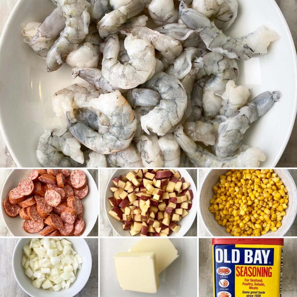 collage of ingredients for skillet shrimp boil