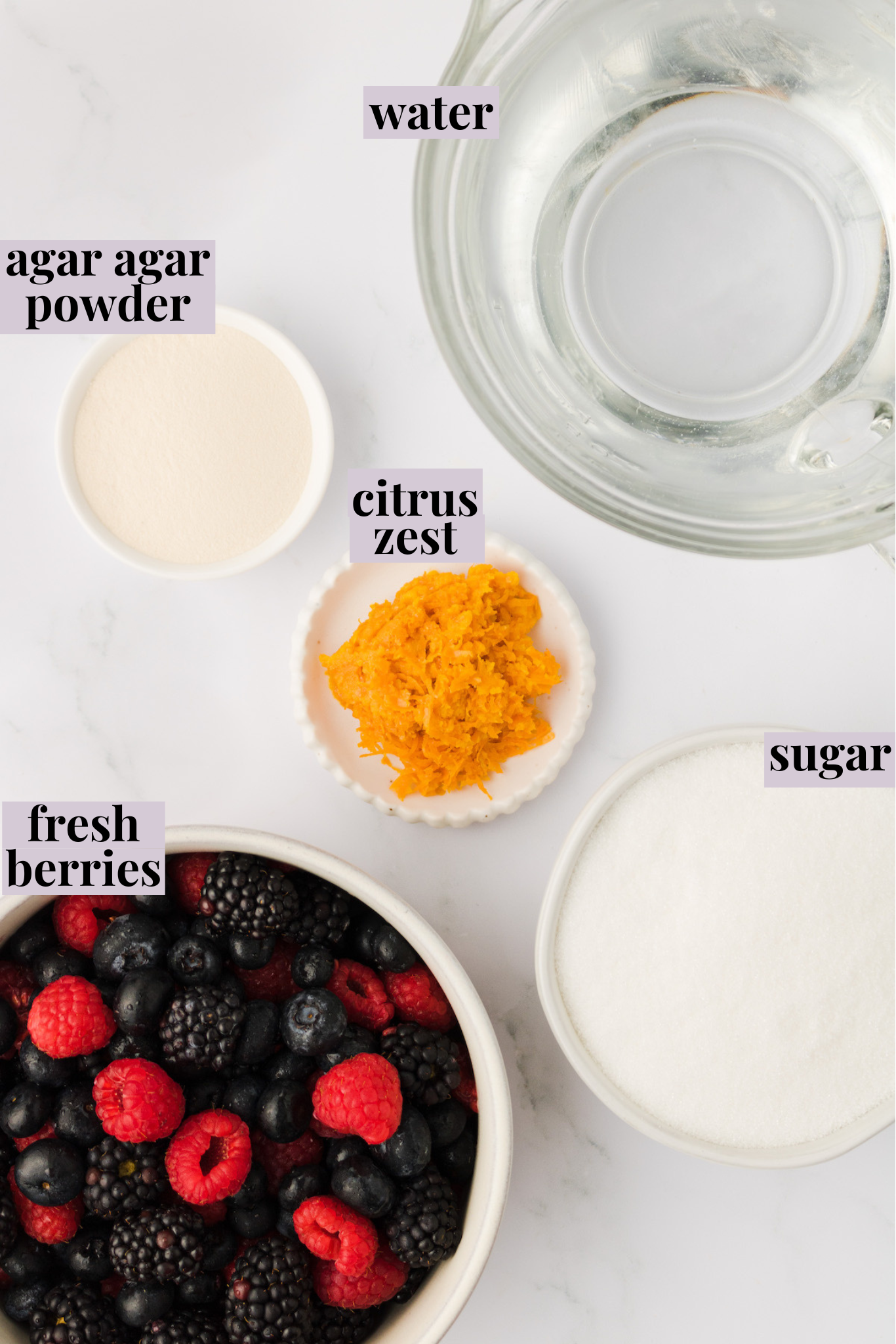 Overhead view of ingredients for congealed fruit salad with labels