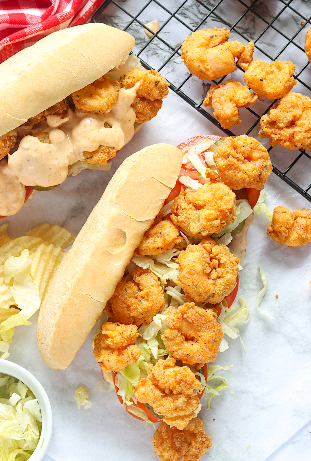 An insanely delicious shrimp po' boy sandwich ready to devour