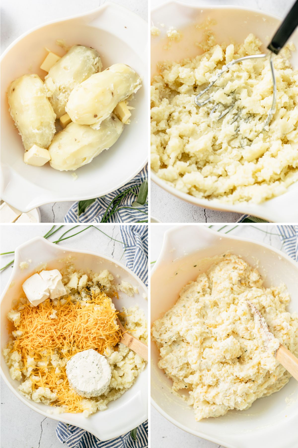 step-by-step instructions for how to make Mashed Potatoes with Cheese using russet potatoes without potato skin, Boursin cheese, cream cheese and spices.