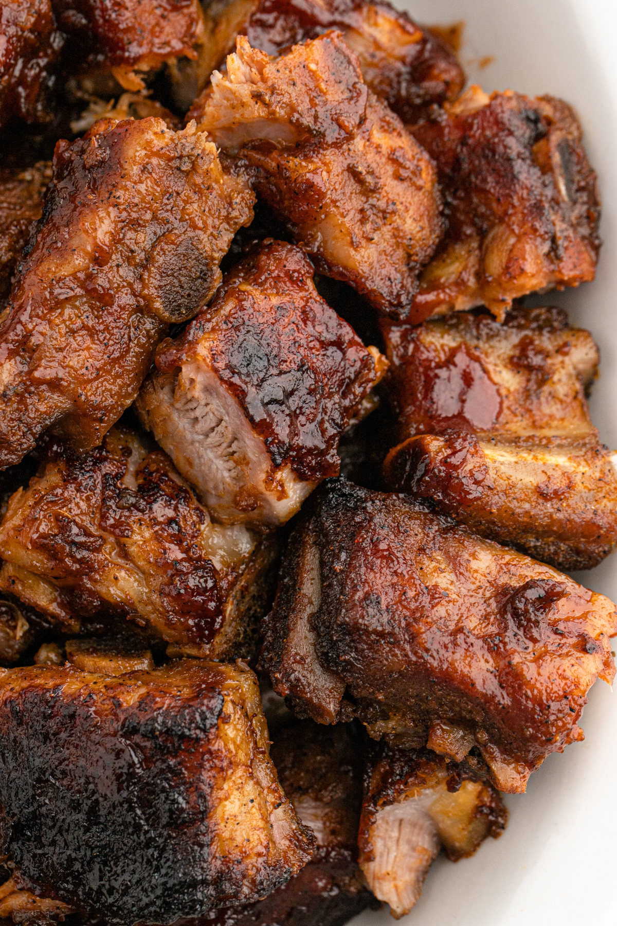 A close up of pork rib tips before enjoying