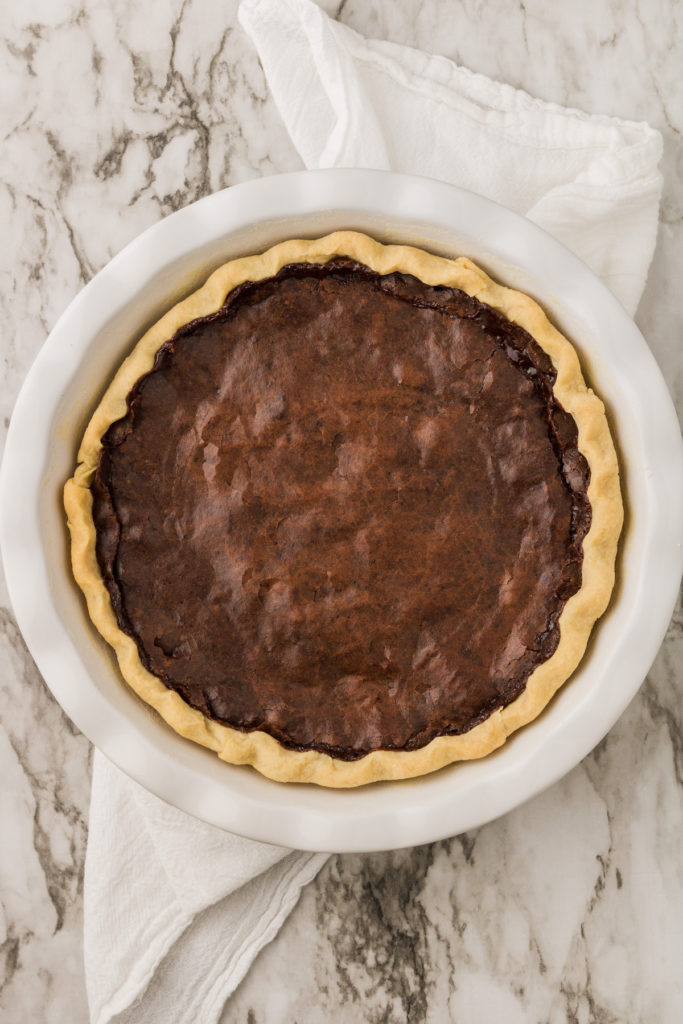 Overhead view of vegan chocolate chess pie in pie pan