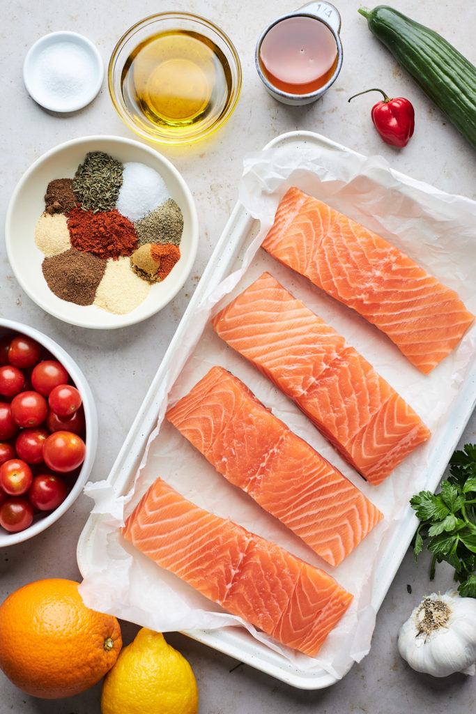 Fresh salmon filets on a platter