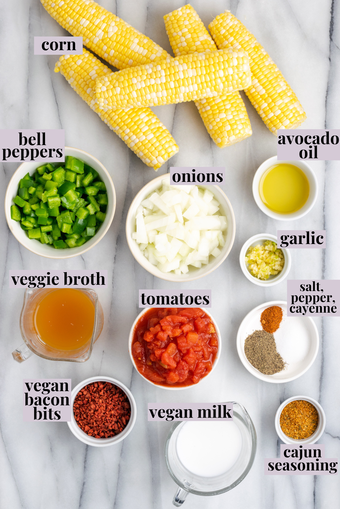 Overhead view of vegan corn maque choux ingredients