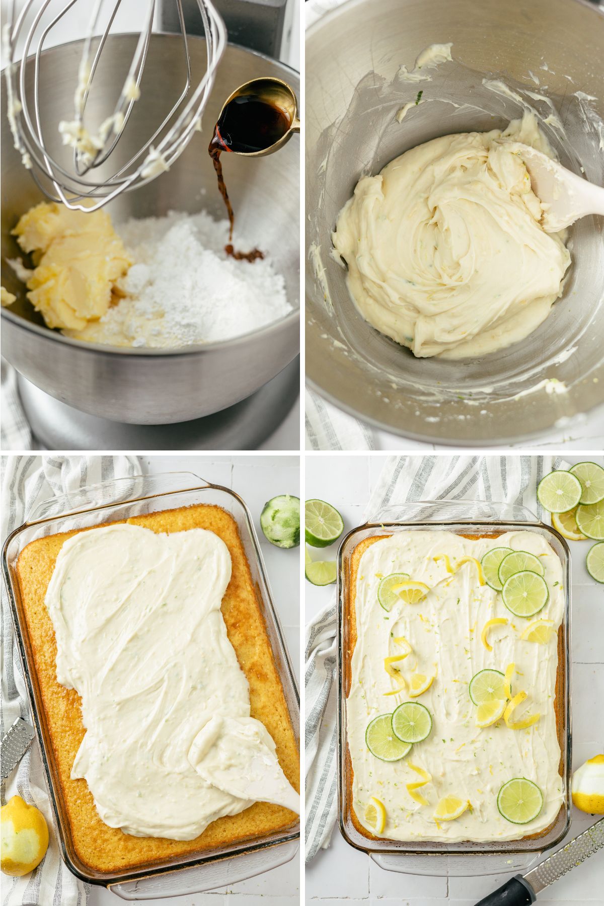 step-by-step instructions for how to make Lemon Lime Cream Cheese Frosting in an electric mix and frost the sprite cake. 