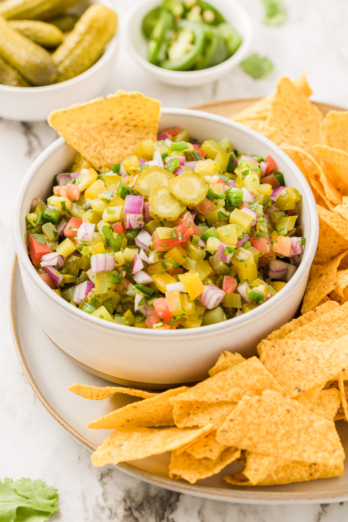 Tortilla chips on serving platter with pickle de gallo in bowl