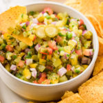 Pickle de gallo in bowl with tortilla chips
