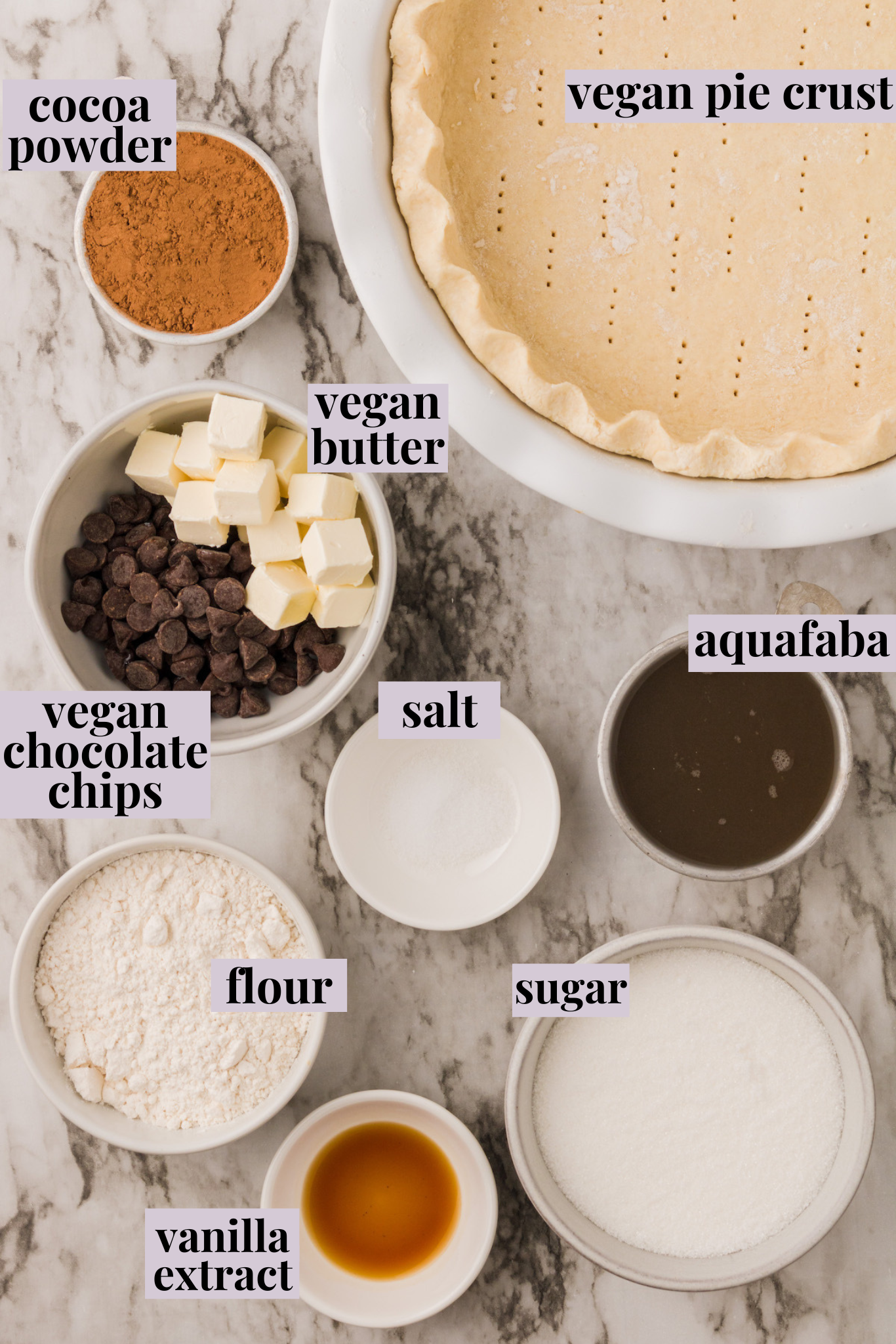 Overhead view of ingredients for vegan chocolate chess pie