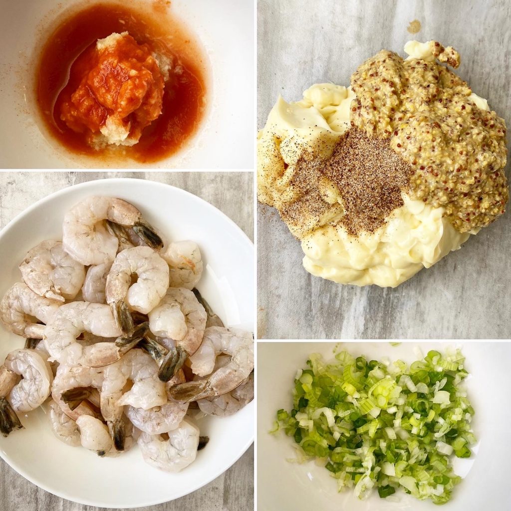 collage of ingredients for shrimp remoulade