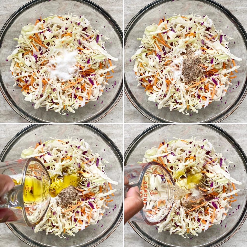 grid of 4 pics showing of step-by-step ingredients on how to make southern vinegar based coleslaw