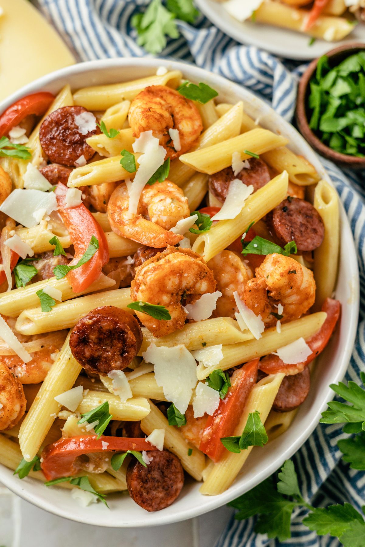 delicious Cajun Shrimp pasta with andouille sausage in a large bowl