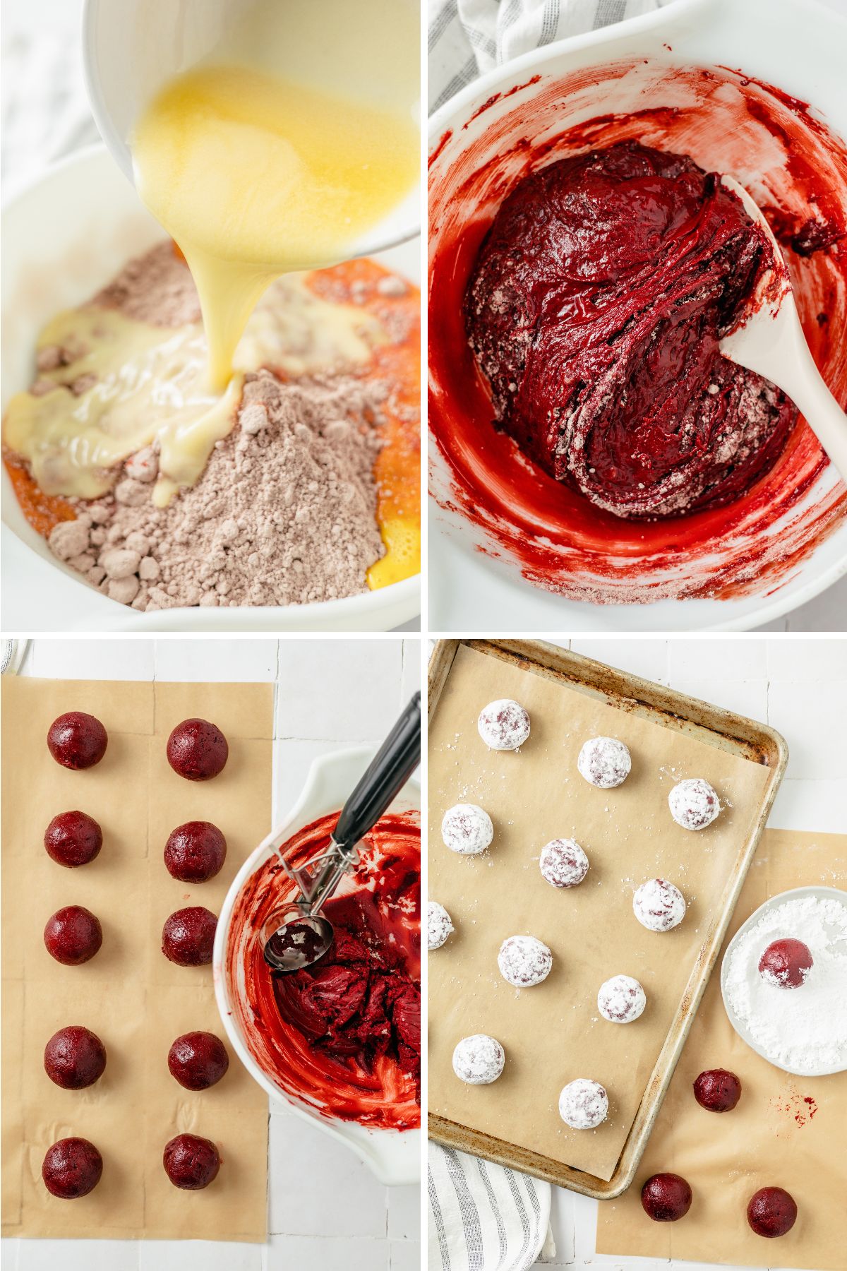 photo tutorial for how to make red velvet Cake Mix Cookies by adding the cake mix and other ingredients to a large mixing bowl, making cake mix cookie dough, using a scoop to make cookie dough balls, and baking individual balls on a baking sheet. 