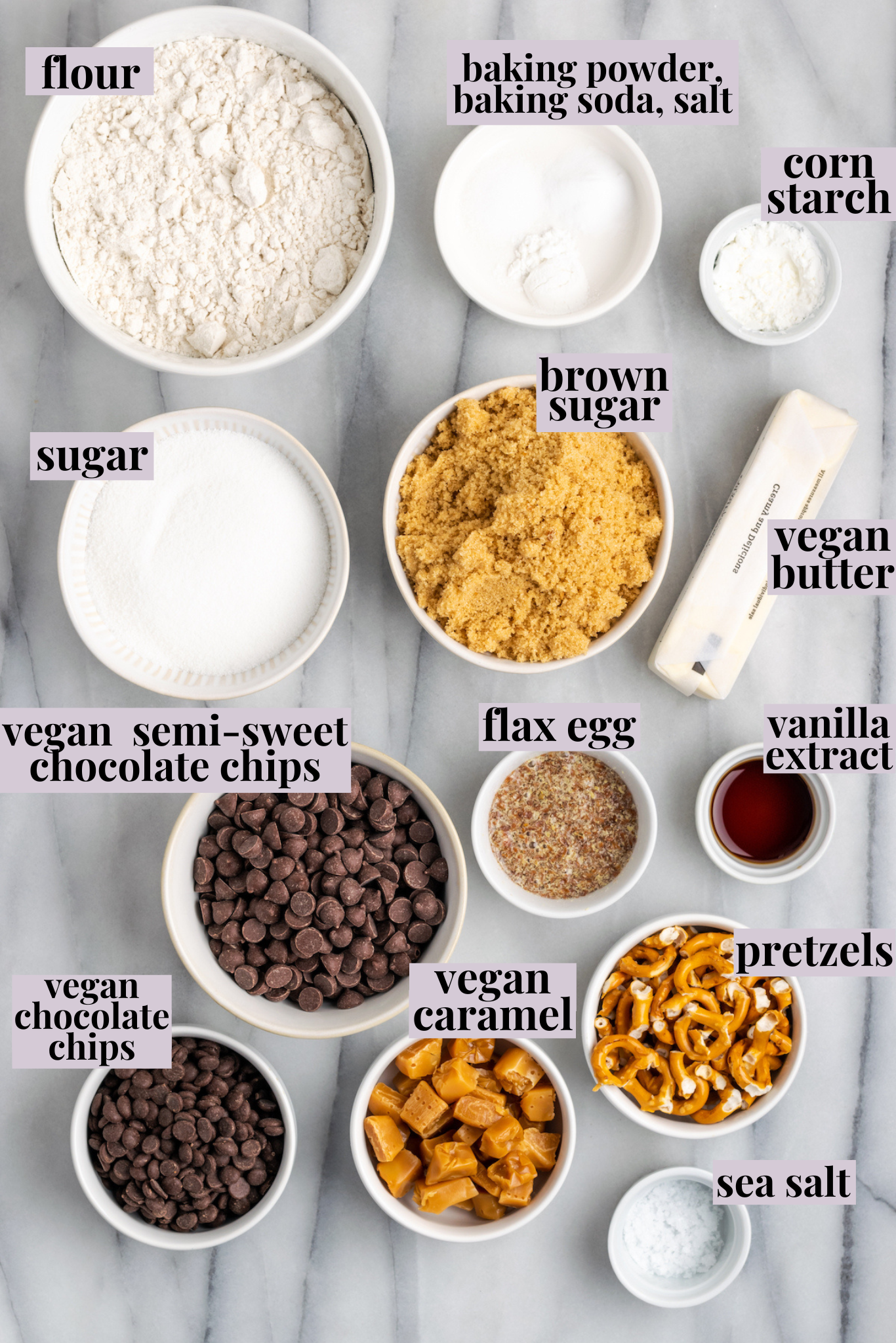 Overhead view of ingredients for kitchen sink cookies with labels