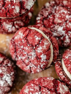 Red Velvet Cake Mix Cookies filled with cream cheese