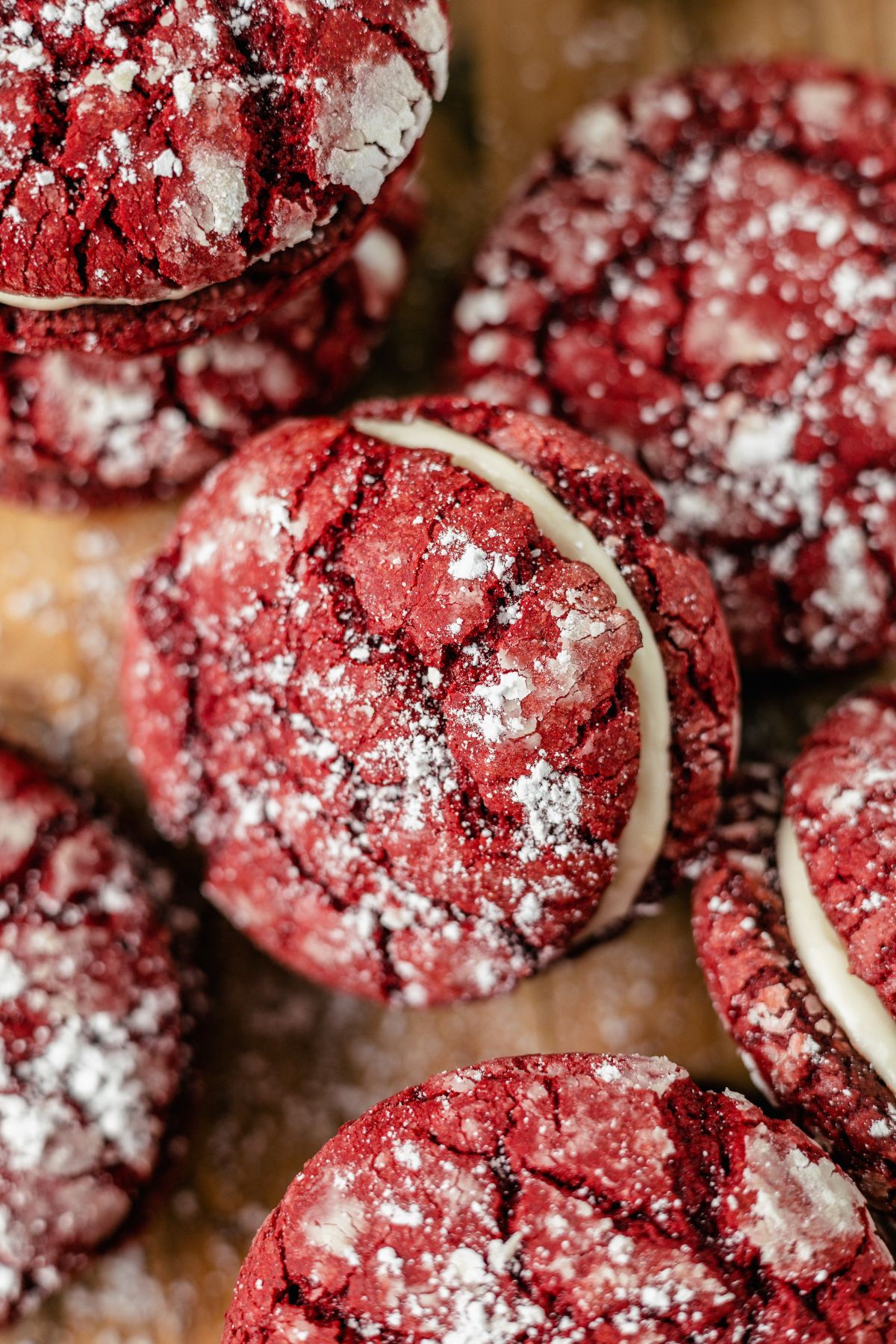 Red Velvet Cake Mix Cookies filled with cream cheese frosting