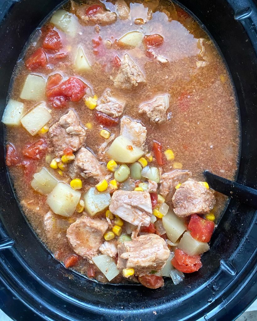 overhead shot of cooked crockpot Brunswick stew