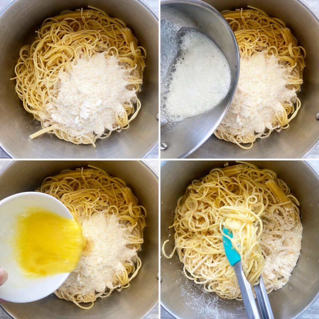 collage of pics showing the cooked spaghetti mixed with Parmesan cheese, egg, and melted butter