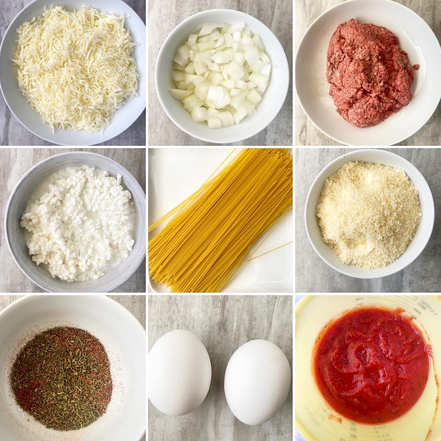 collage of ingredients for baked spaghetti