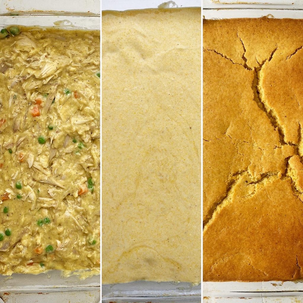 collage showing steps of casserole: no topping, cornbread topping uncooked, cornbread topping cooked