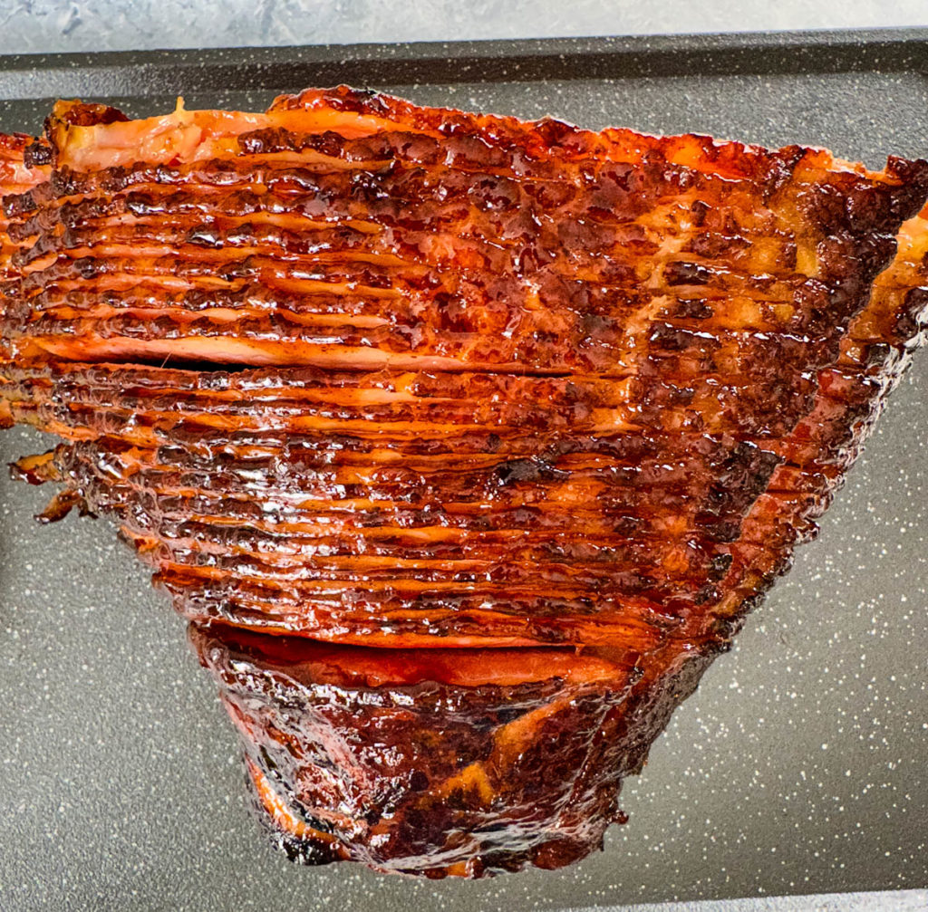 spiral cut ham on a sheet pan