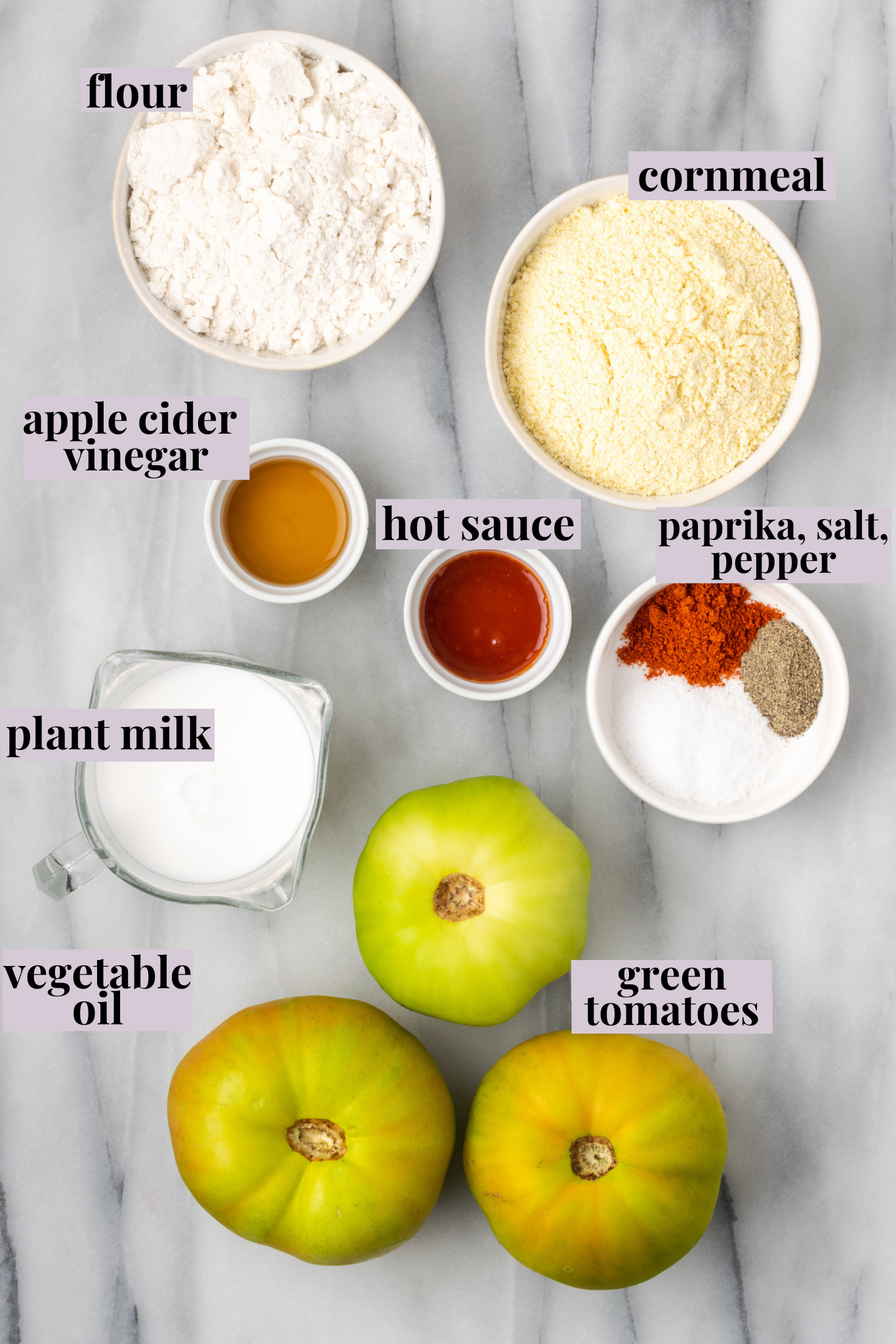 Overhead view of fried green tomato ingredients with labels