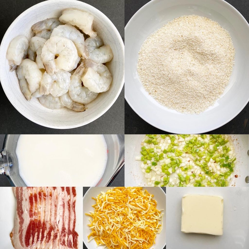collage of ingredients for shrimp & grits casserole