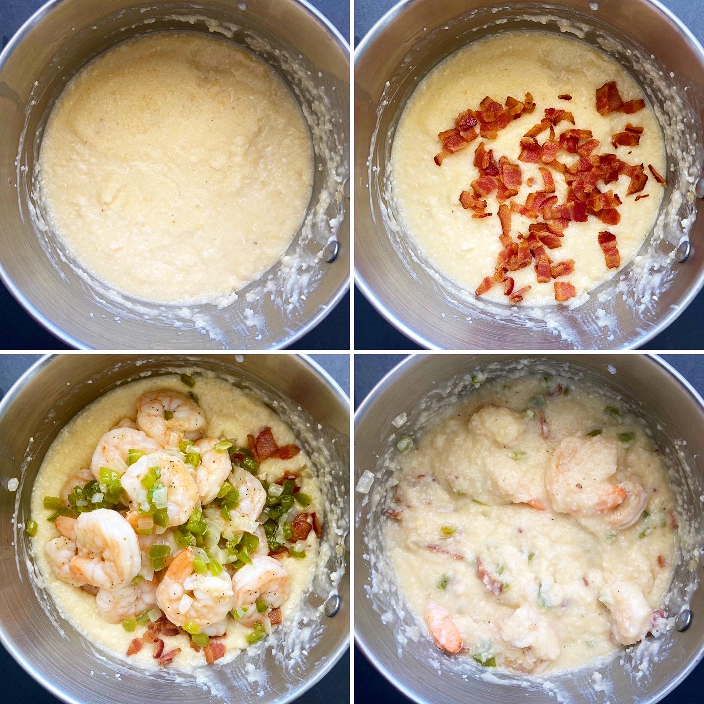 collage of grits and shrimp being combined