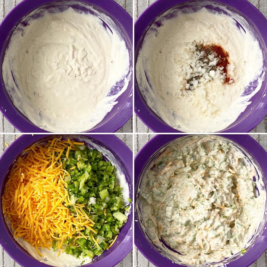 collage of ingredients making the filling for broccoli cheese casserole