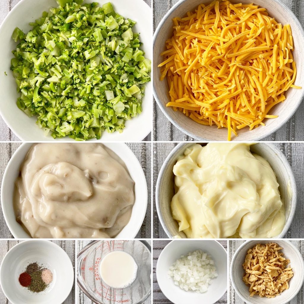 collage of ingredients for broccoli cheese casserole