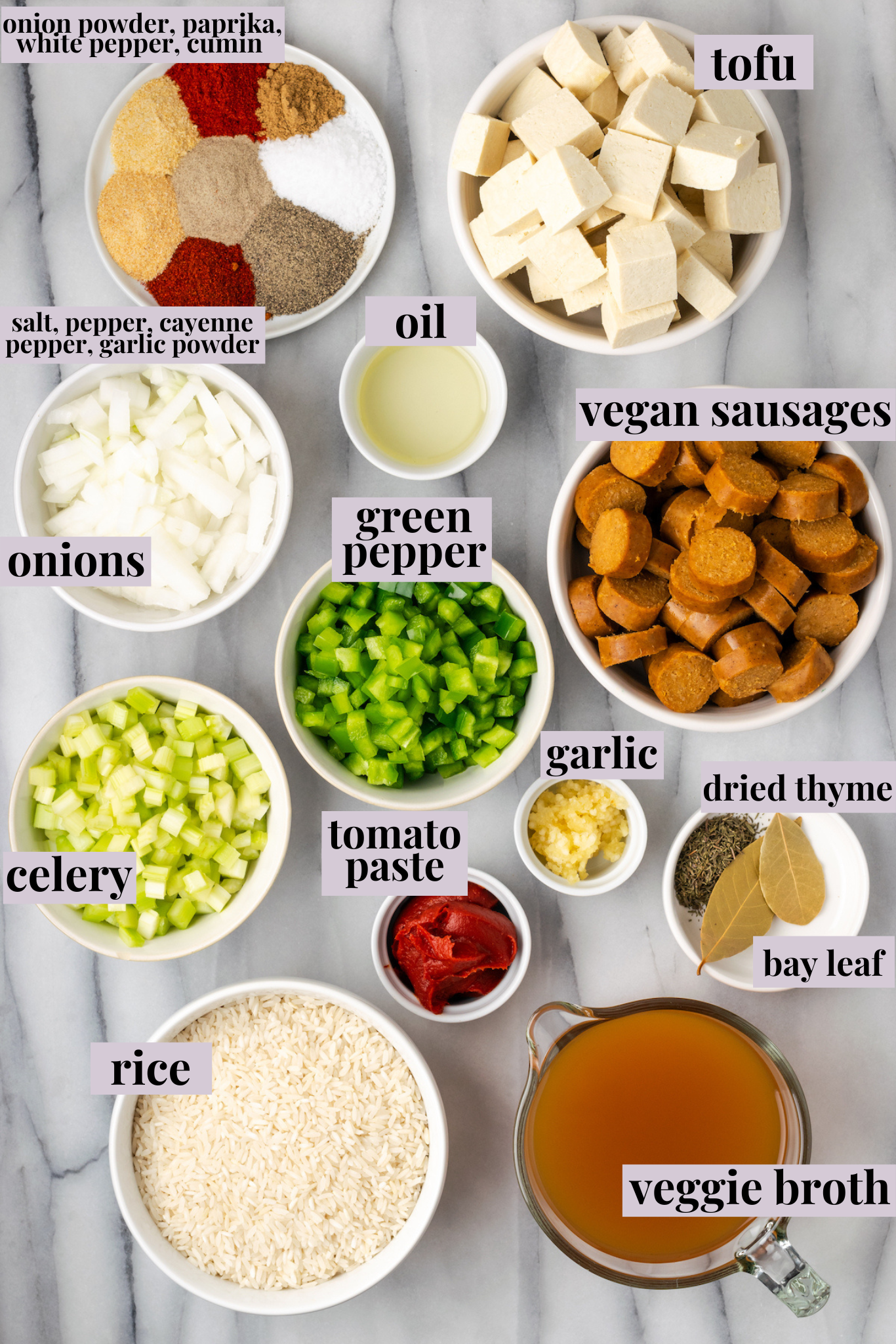 Overhead view of ingredients for vegan jambalaya