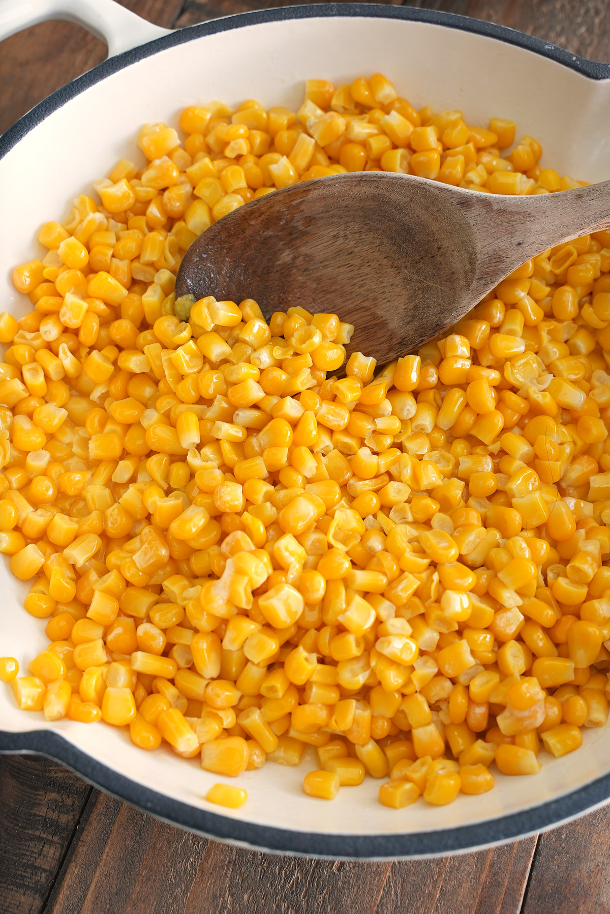 corn in skillet being sauteed