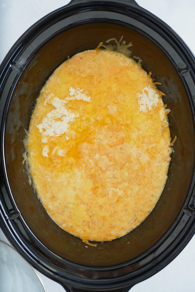 melted mac and cheese in slow cooker before stirring and thickening
