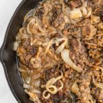 A close up of liver and onions recipe ready to enjoy