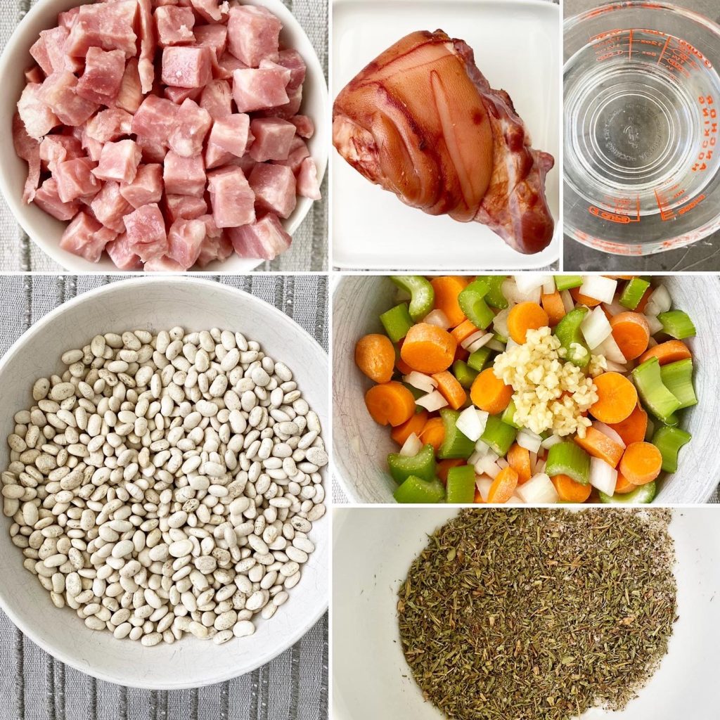 collage of ingredients for ham and bean soup