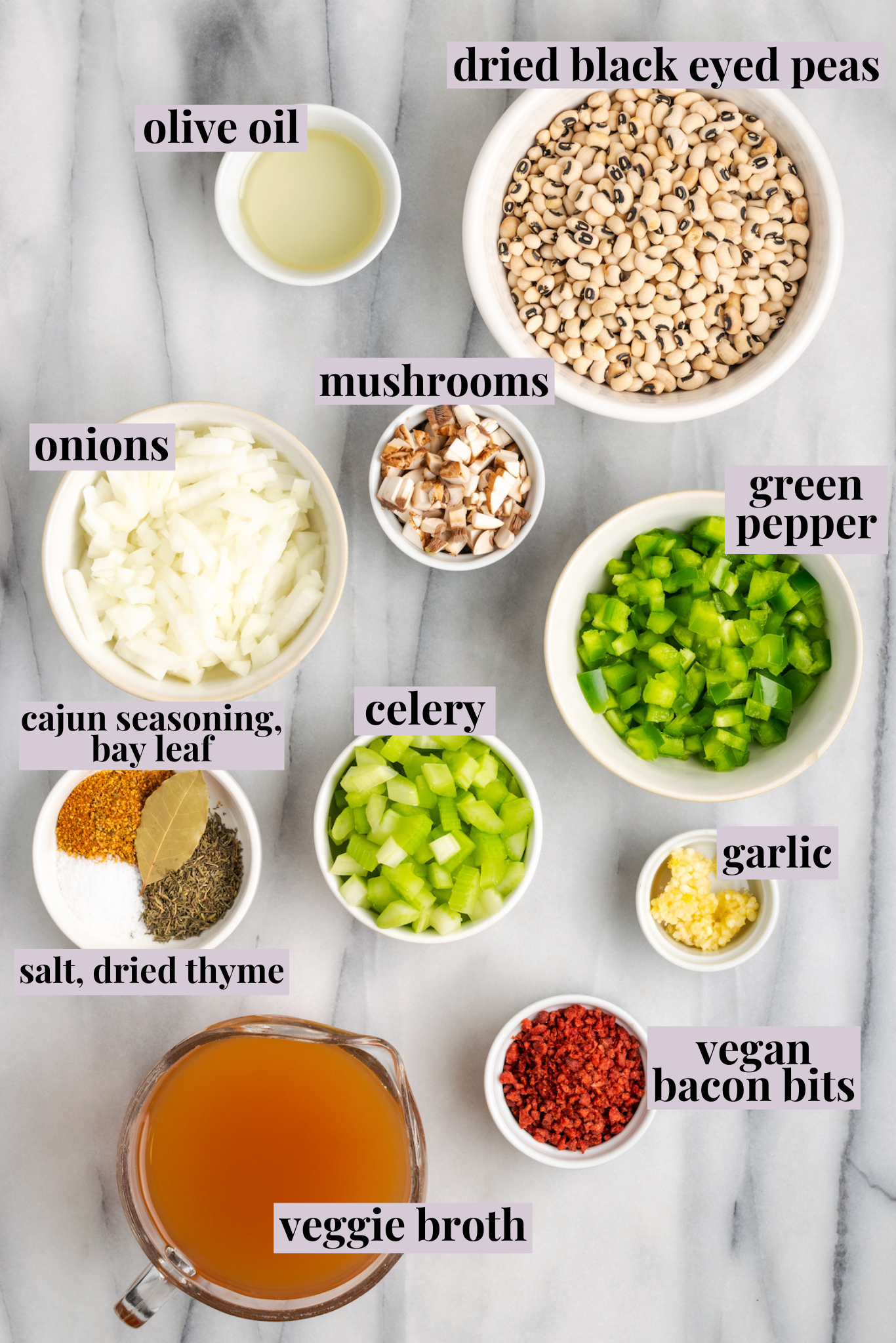 Overhead view of ingredients for Hoppin' John