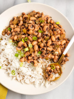 Overhead view of Hoppin' John in bowl with spoon