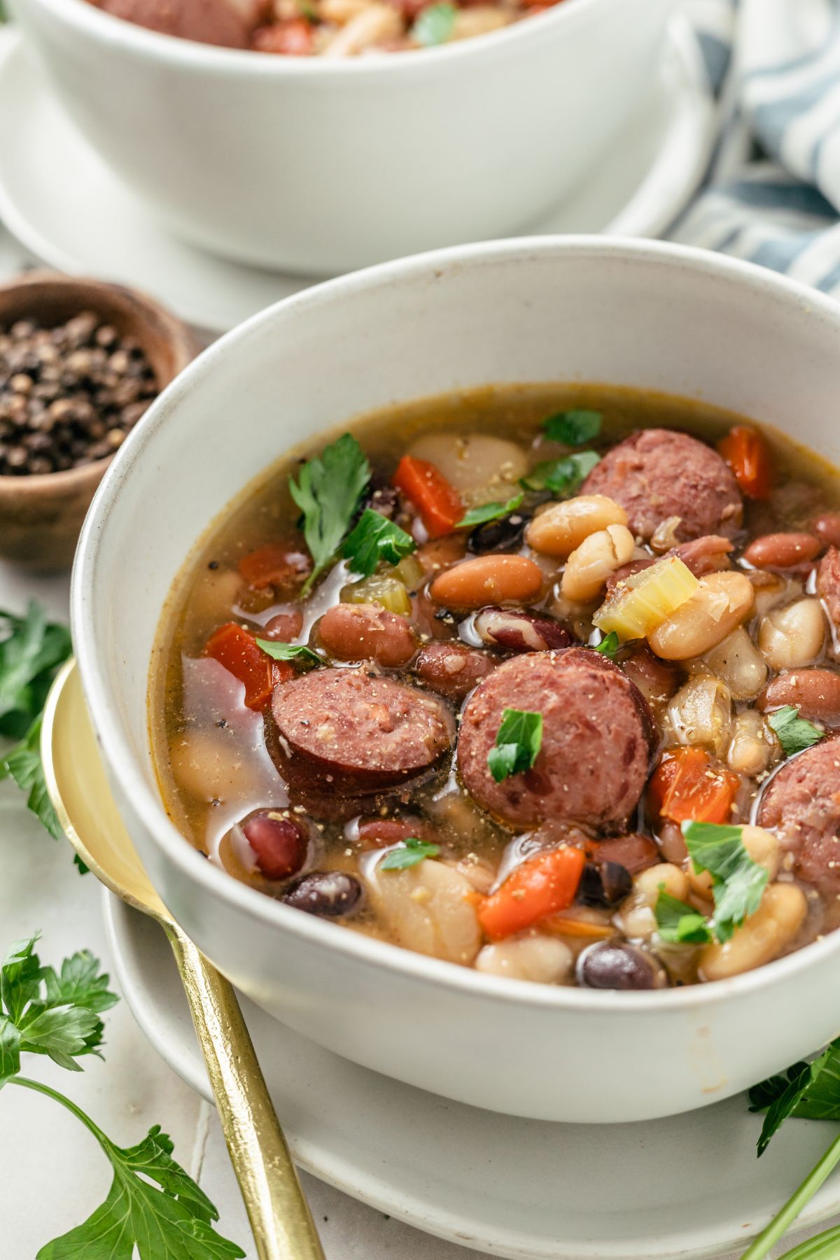 Steaming bowls of hearty cajun 15 Bean Soup