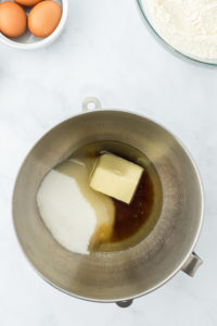 Sugar, butter, oil in a mixing bowl