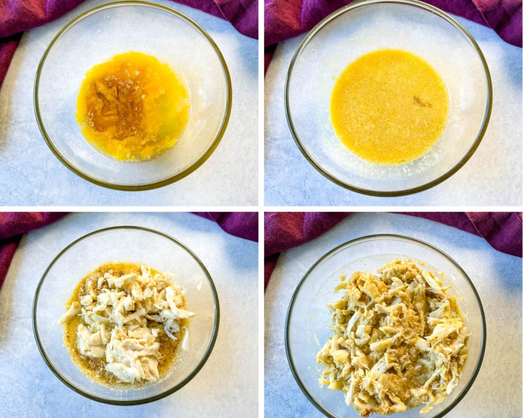 collage of 4 photos with eggs, mayo, lump crab, and breadcrumbs in a glass bowl
