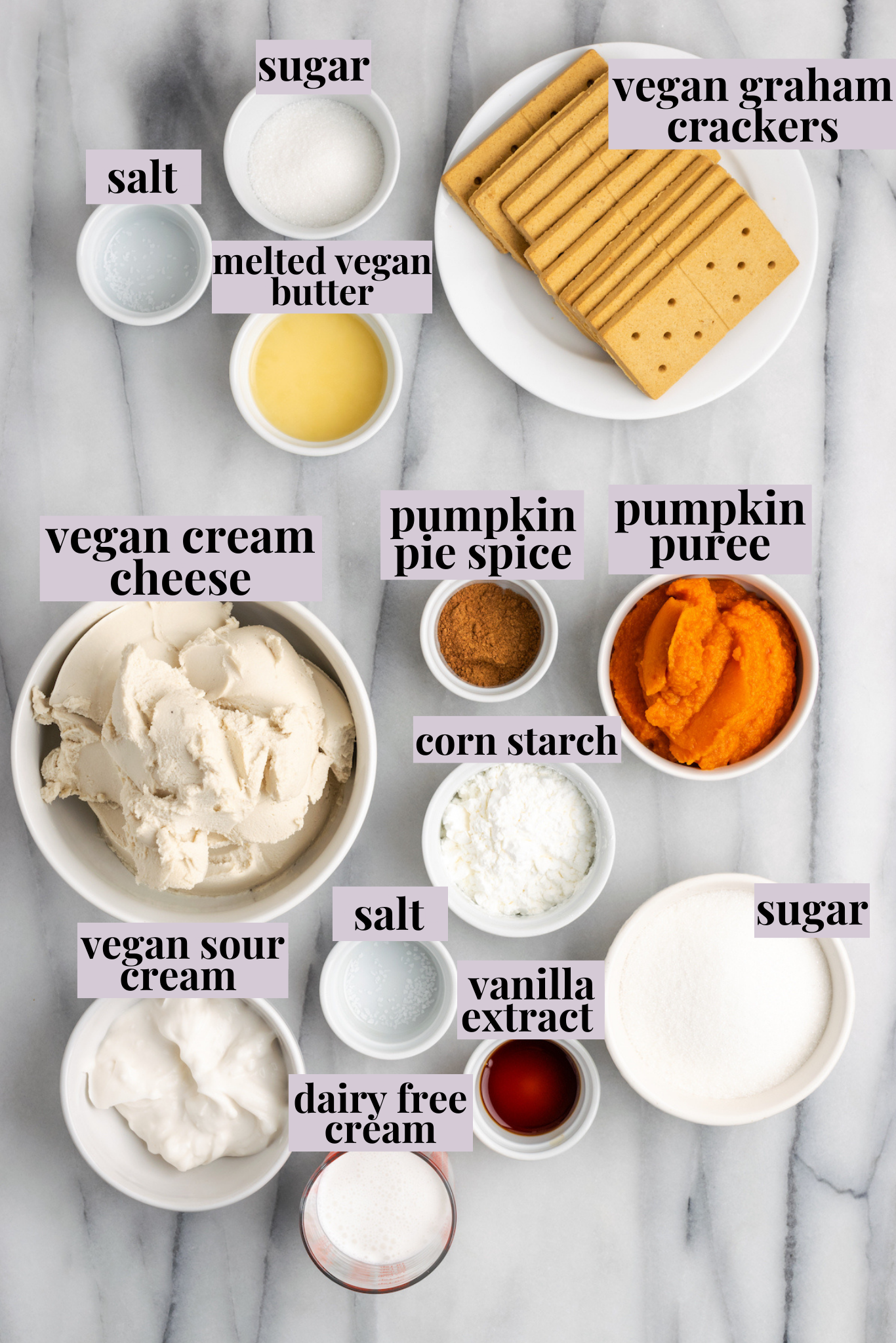 Overhead view of ingredients for vegan pumpkin pie cheesecake bars