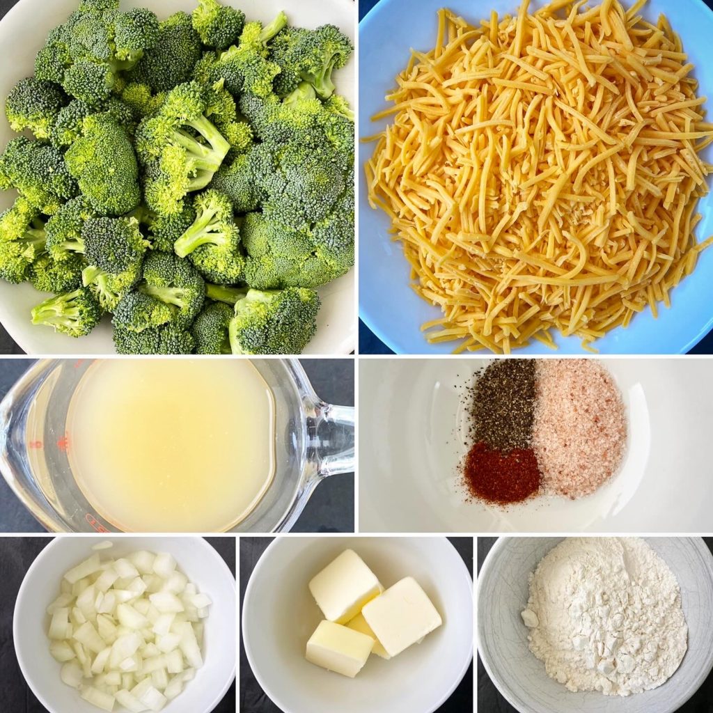 collage of ingredients for broccoli cheese soup