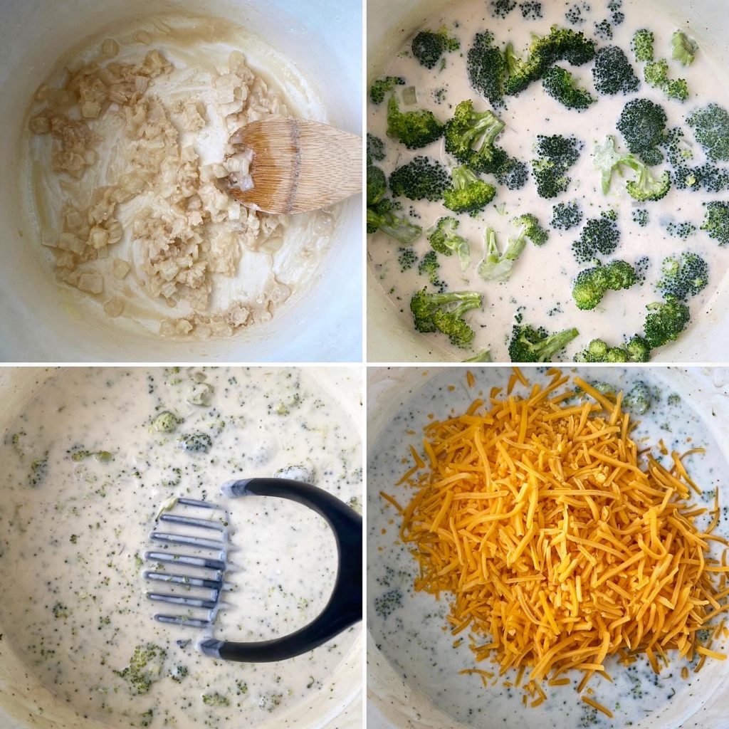 collage showing steps to make broccoli cheese soup in a dutch oven