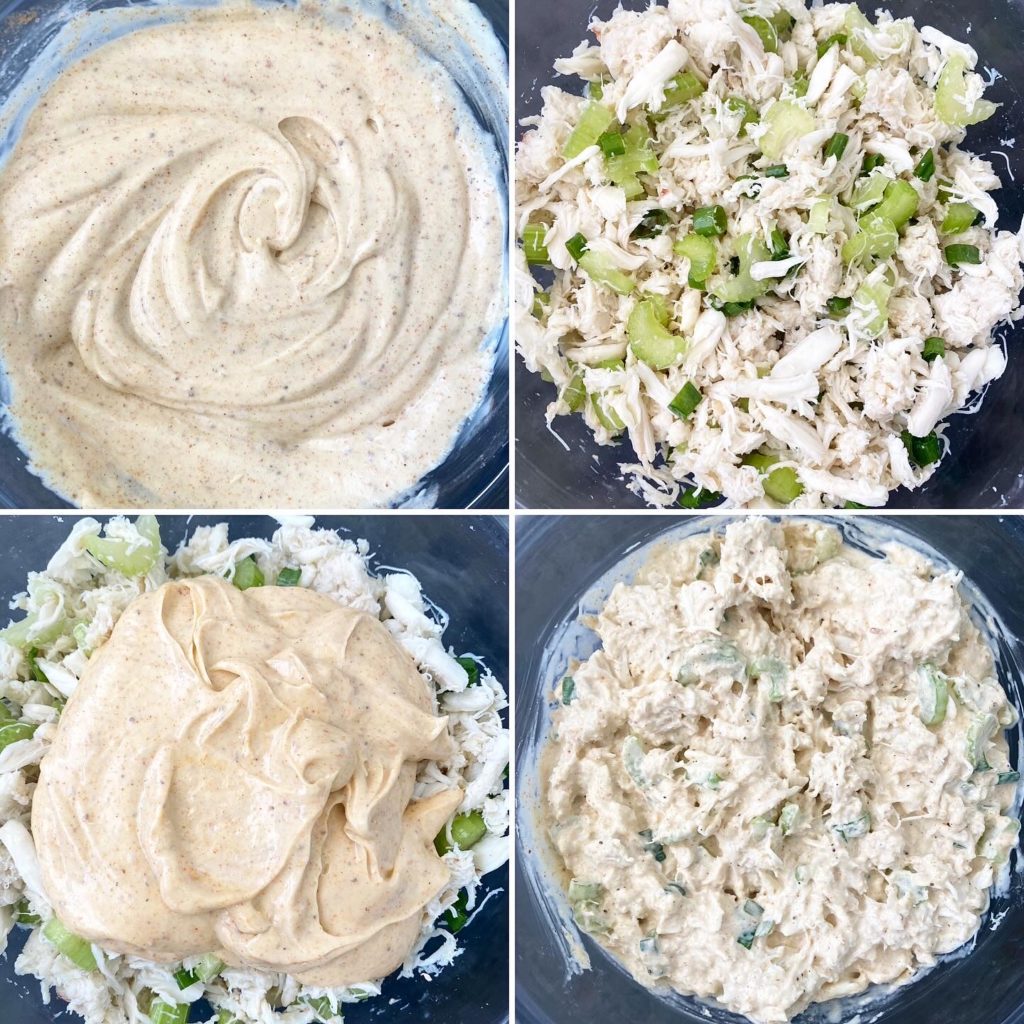 collage of steps to make creamy southern crab salad