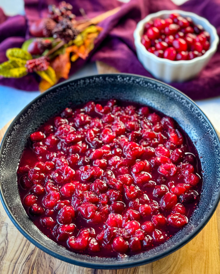 homemade cranberry sauce in a black bowl