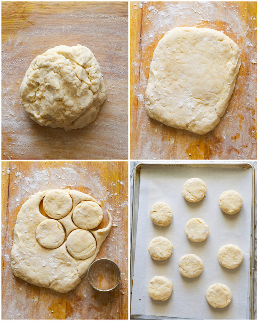 Gently knead dough, roll it out and cut out the biscuit shapes