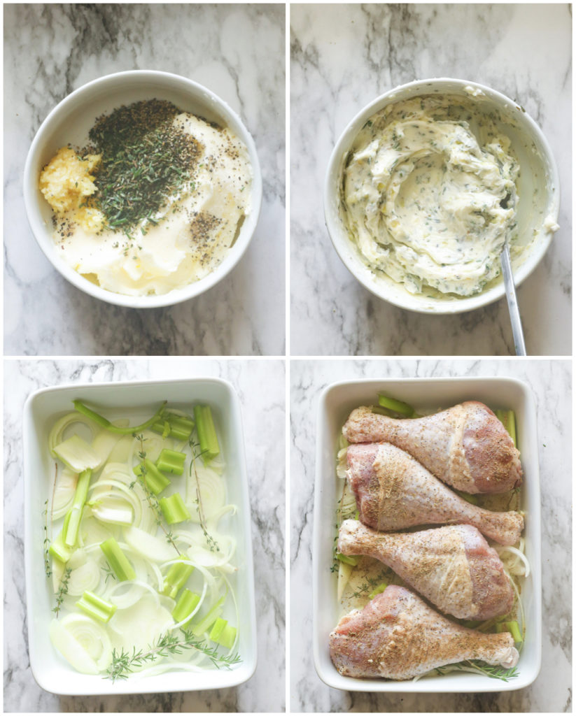 Make the herbed butter, add the vegetables, and season the poultry