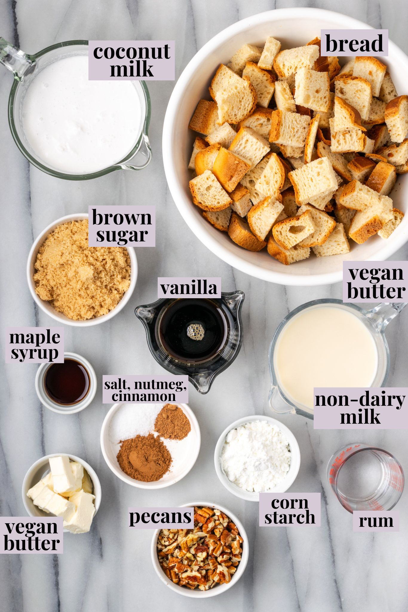 Overhead view of bread pudding ingredients with labels