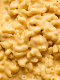 A close up of homemade velvetta mac and cheese ready to serve